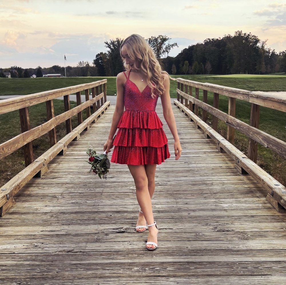 Sherri Hill Red Hot Fix Cocktail Dress With Ruffle Skirt Style #57322